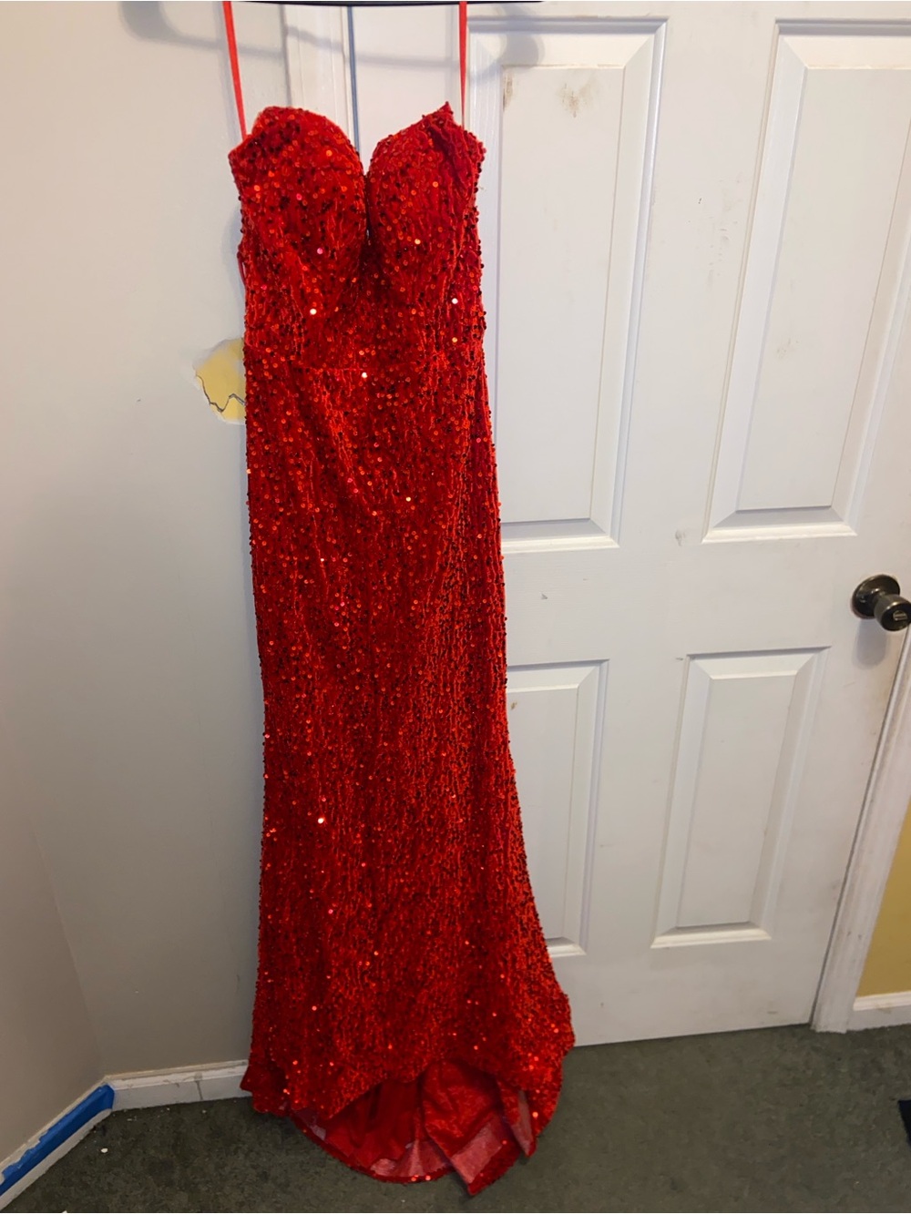 Red Sequin Strapless Evening Gown Dress